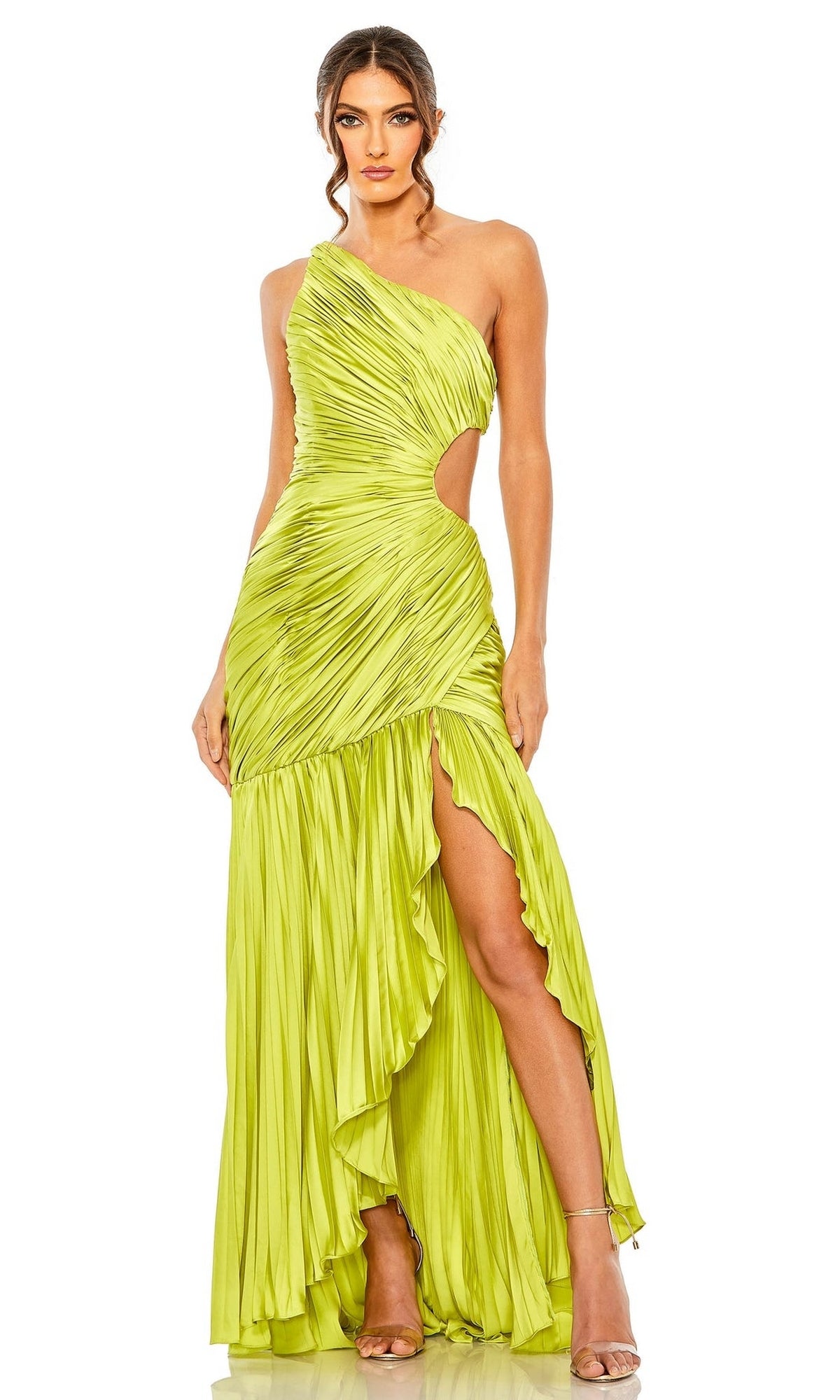 A woman wears the Mac Duggal Long Formal Dress 49683, a bright yellow-green, one-shoulder gown with a pleated skirt, side cutout, high slit, and strappy high heels.